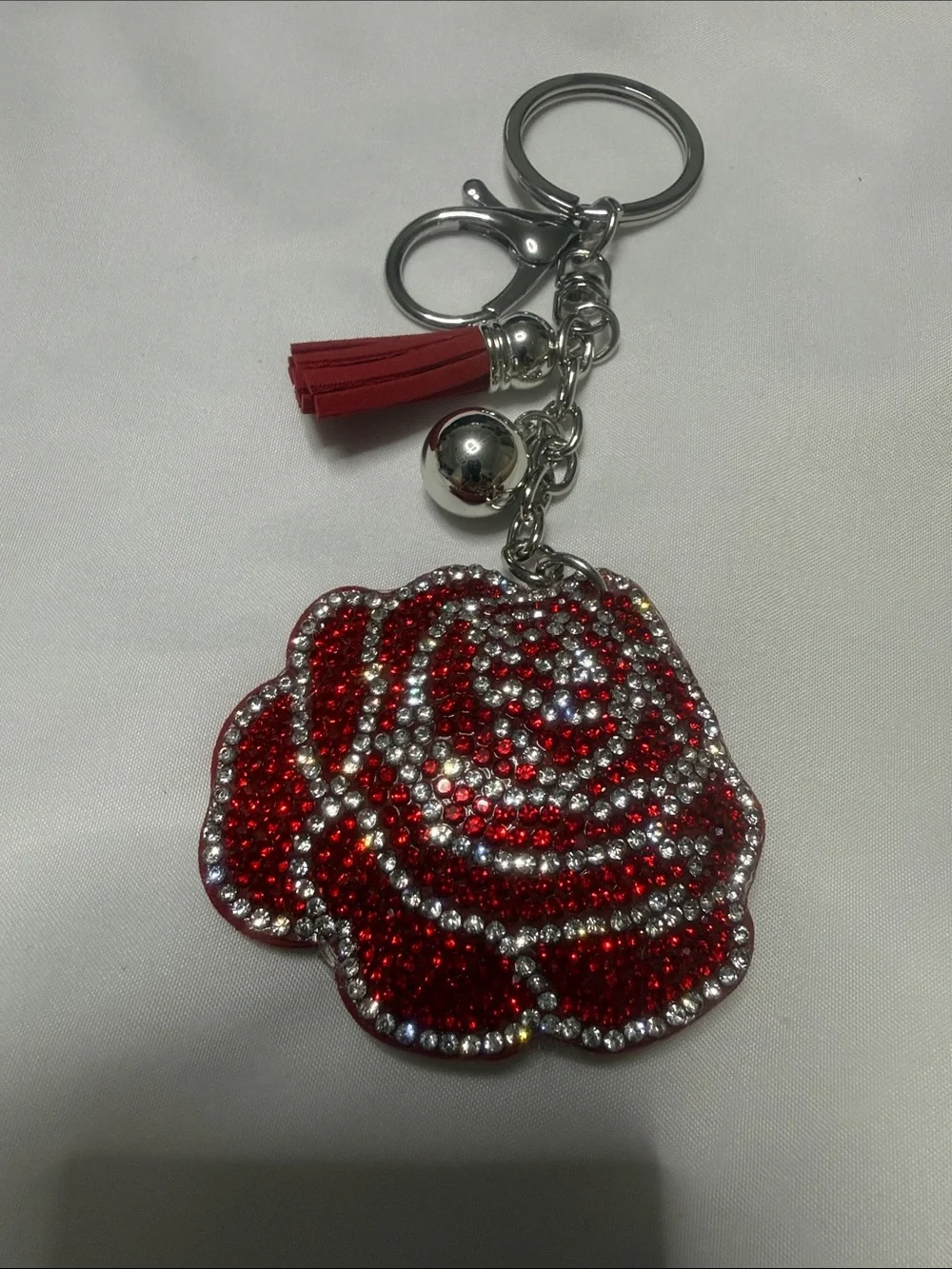 Red Rhinestone Rose Key & Card Holder Charm with Tassel